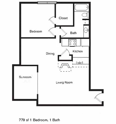 Floor plan for 1 bed, 1 bath, 779 sqft